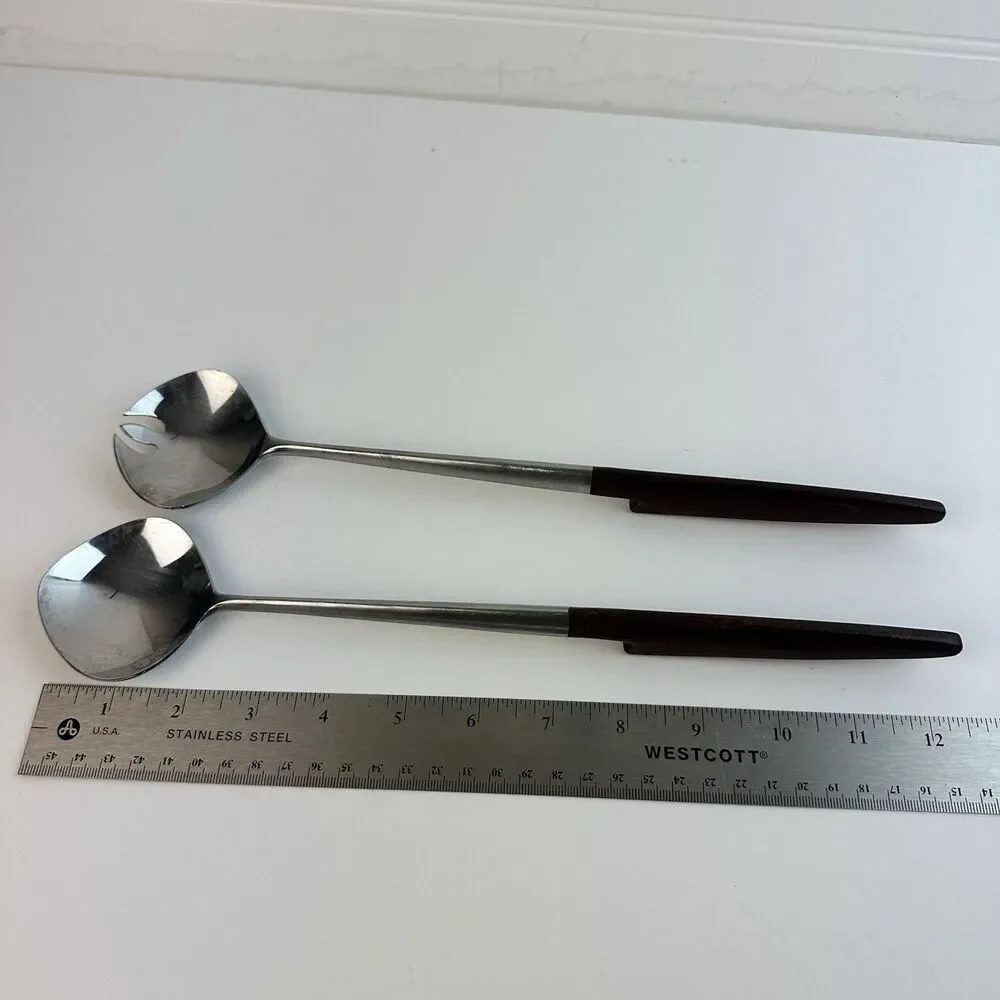 VTG EPIC Ekco Eterna Canoe Wood Salad Set Serving Fork Spoon Stainless Japan MCM